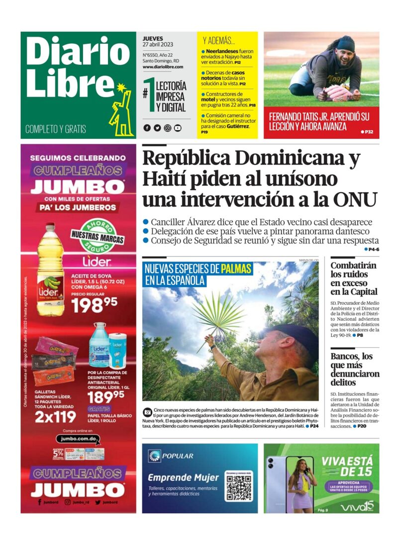 Portada Periódico Diario Libre, Jueves 27 Abril, 2023
