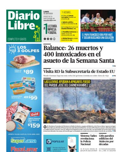 Portada Periódico Diario Libre, Lunes 10 Abril, 2023