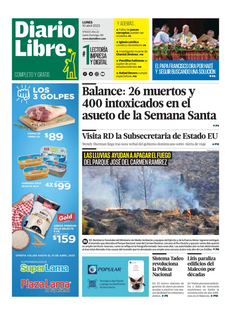 Portada Periódico Diario Libre, Lunes 10 Abril, 2023