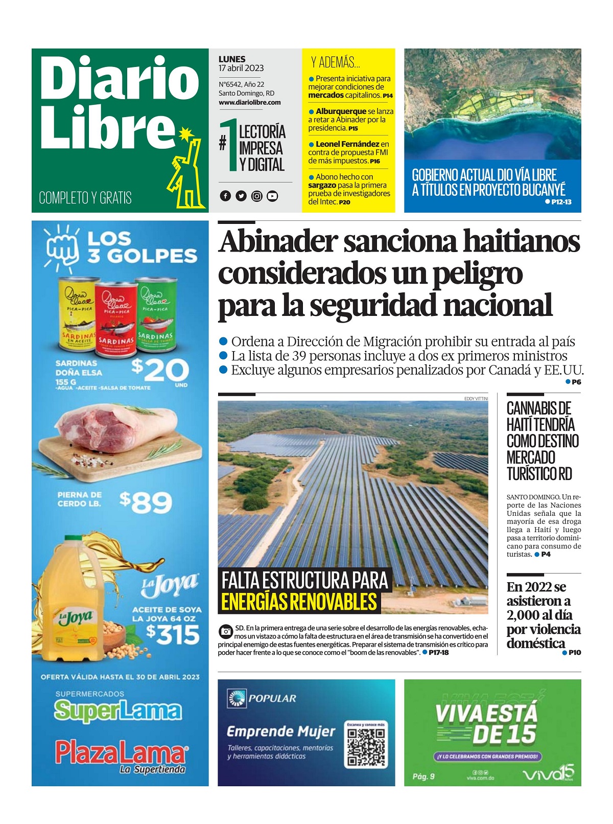 Portada Periódico Diario Libre, Lunes 17 Abril, 2023