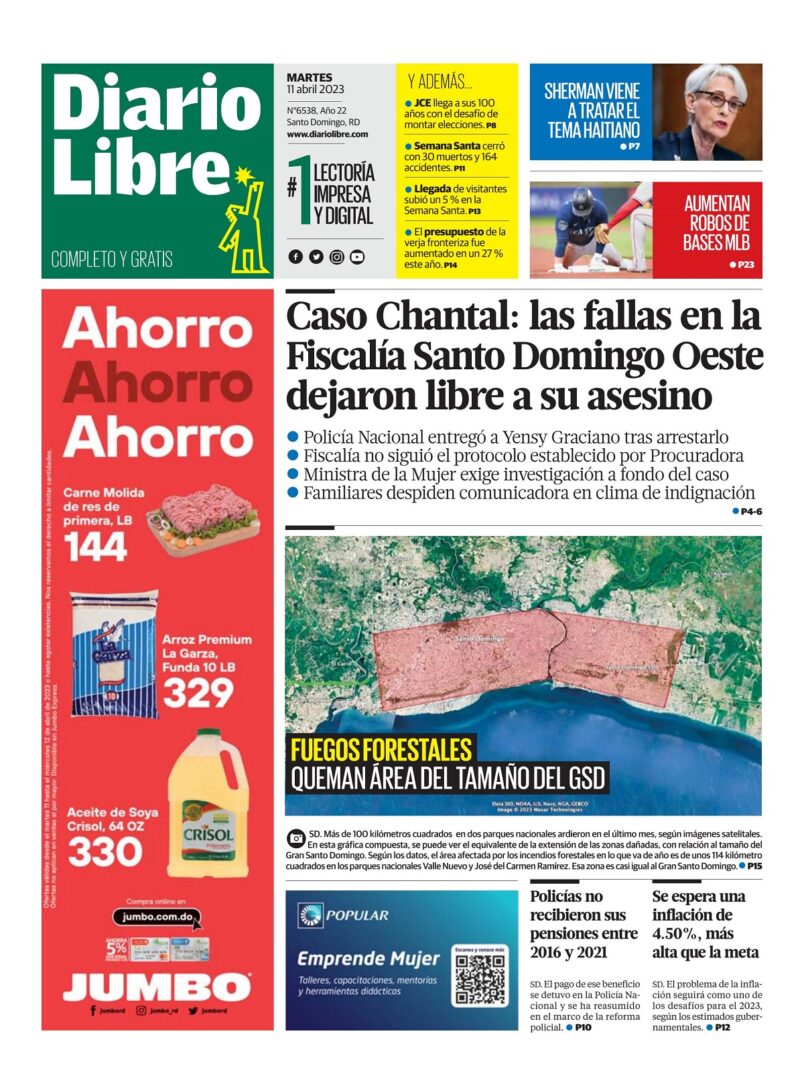 Portada Periódico Diario Libre, Martes 11 Abril, 2023