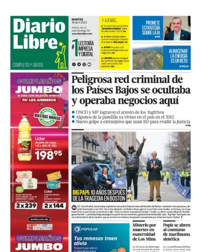 Portada Periódico Diario Libre, Martes 18 Abril, 2023