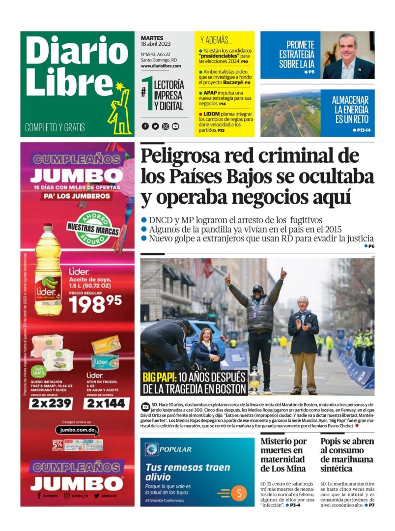Portada Periódico Diario Libre, Martes 18 Abril, 2023