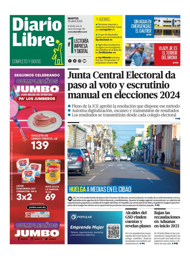 Portada Periódico Diario Libre, Martes 25 Abril, 2023