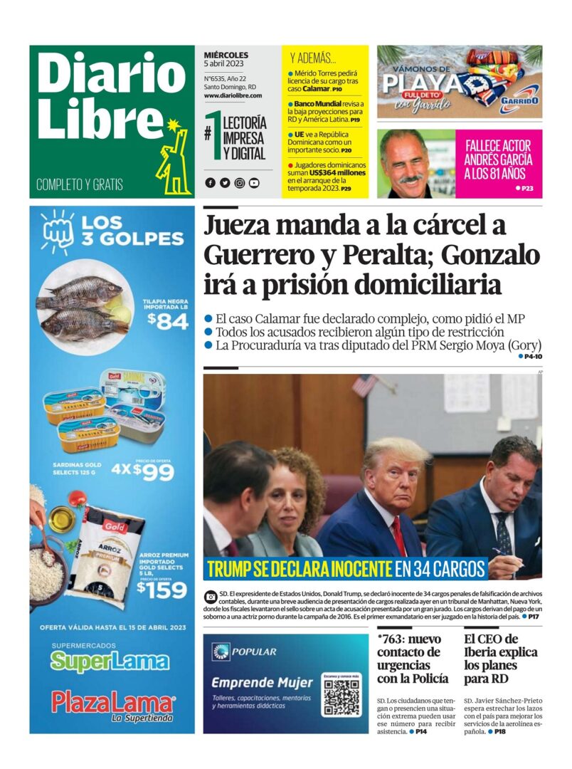 Portada Periódico Diario Libre, Miércoles 05 Abril, 2023