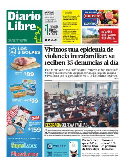Portada Periódico Diario Libre, Miércoles 12 Abril, 2023