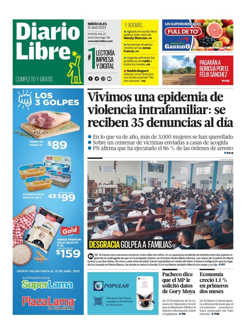 Portada Periódico Diario Libre, Miércoles 12 Abril, 2023