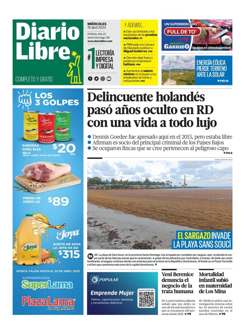 Portada Periódico Diario Libre, Miércoles 19 Abril, 2023