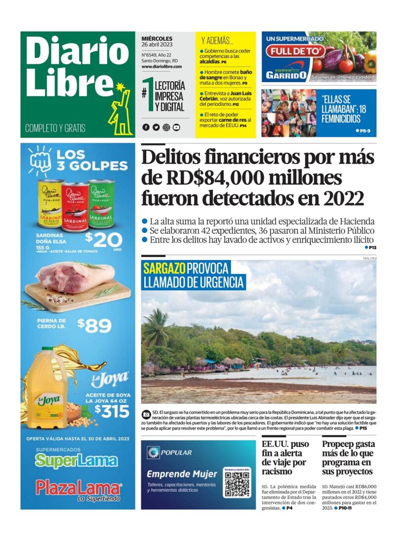 Portada Periódico Diario Libre, Miércoles 26 Abril, 2023