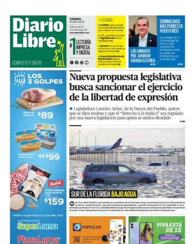 Portada Periódico Diario Libre, Viernes 14 Abril, 2023