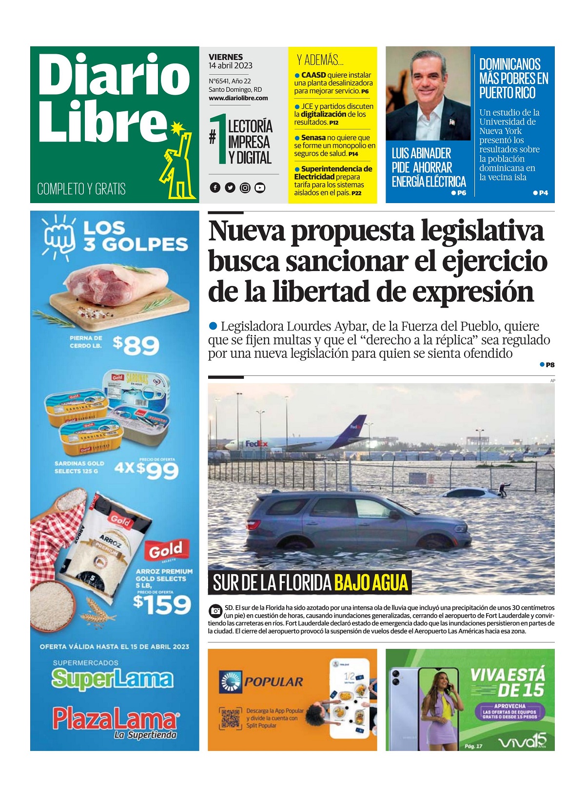 Portada Periódico Diario Libre, Viernes 14 Abril, 2023