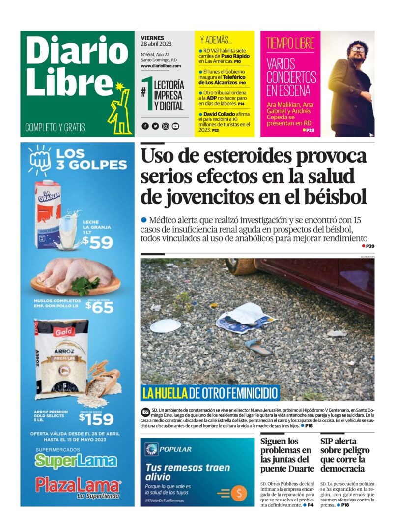 Portada Periódico Diario Libre, Viernes 28 Abril, 2023