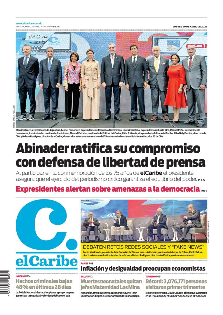 Portada Periódico El Caribe, Jueves 20 Abril, 2023
