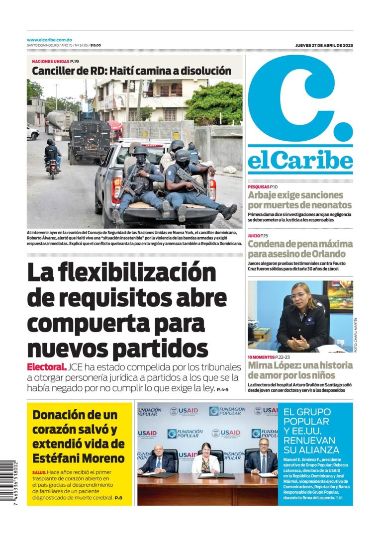 Portada Periódico El Caribe, Jueves 27 Abril, 2023