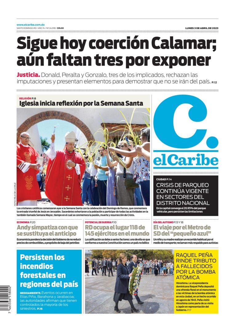 Portada Periódico El Caribe, Lunes 03 Abril, 2023
