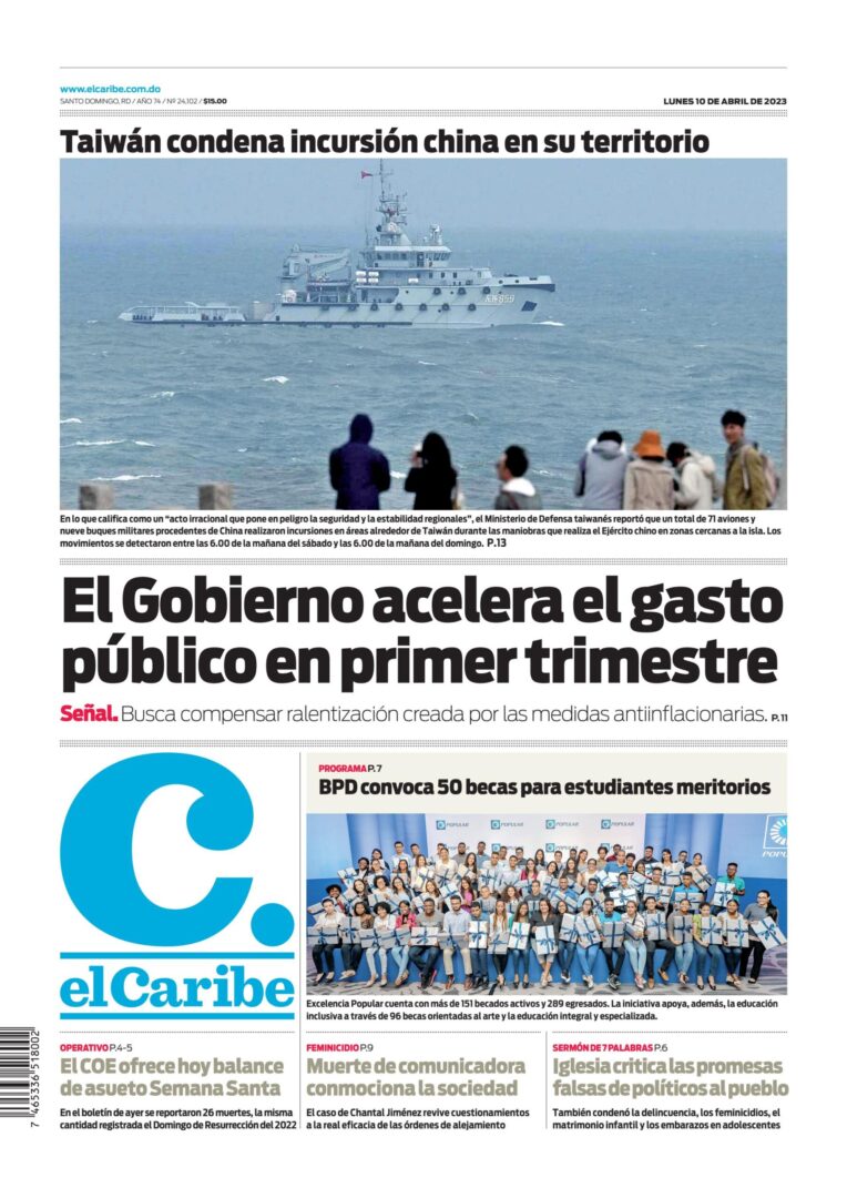 Portada Periódico El Caribe, Lunes 10 Abril, 2023