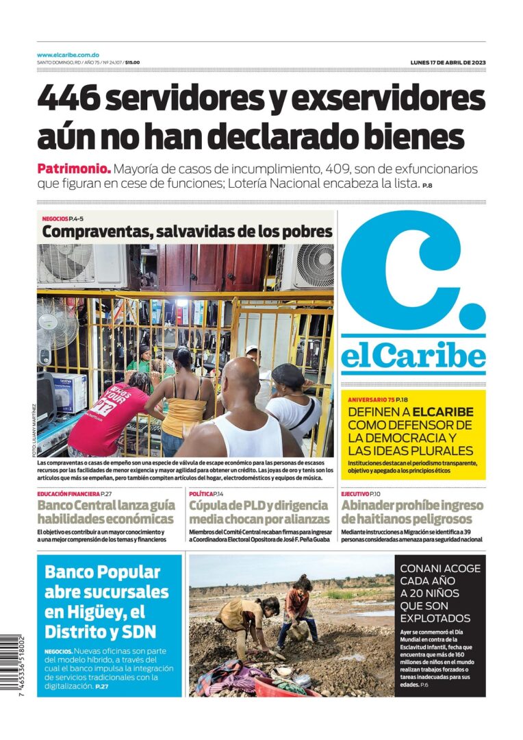 Portada Periódico El Caribe, Lunes 17 Abril, 2023