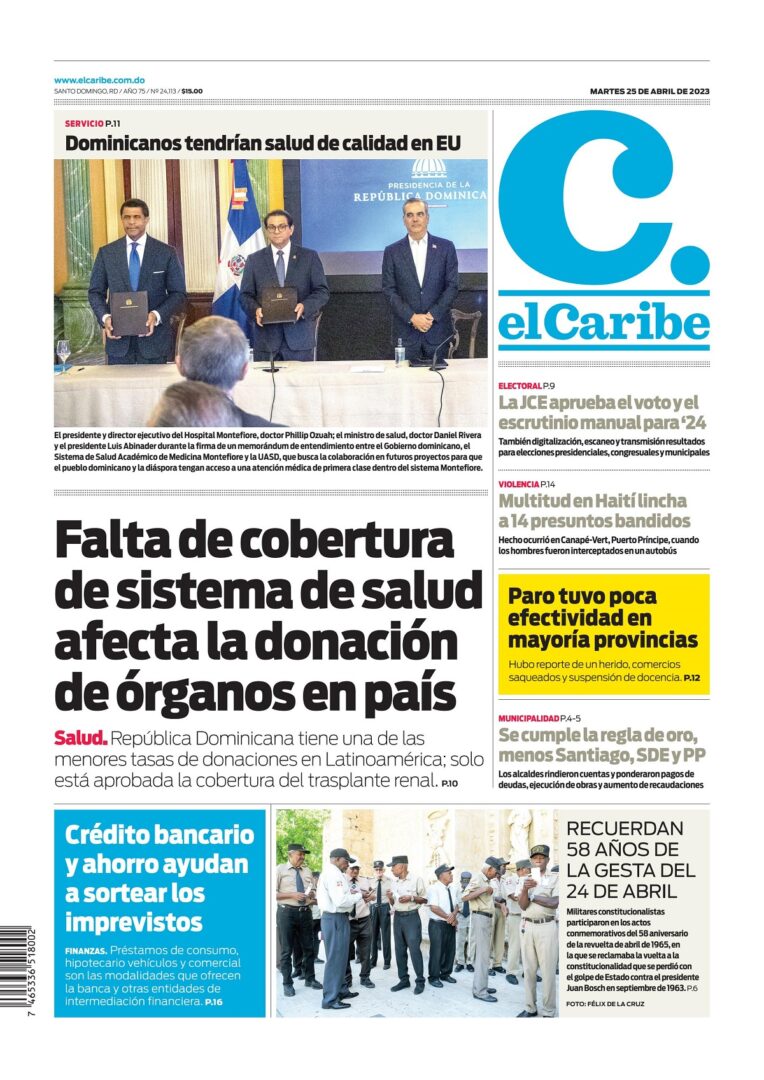 Portada Periódico El Caribe, Martes 25 Abril, 2023