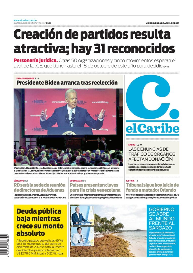 Portada Periódico El Caribe, Miércoles 26 Abril, 2023