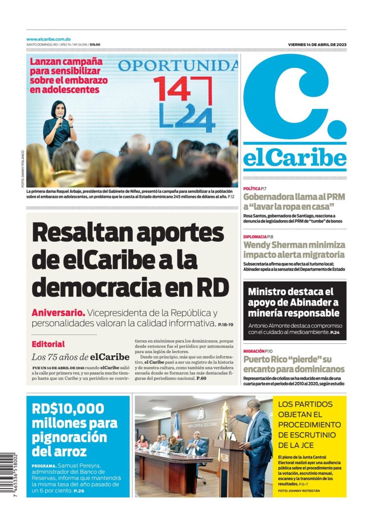Portada Periódico El Caribe, Viernes 14 Abril, 2023