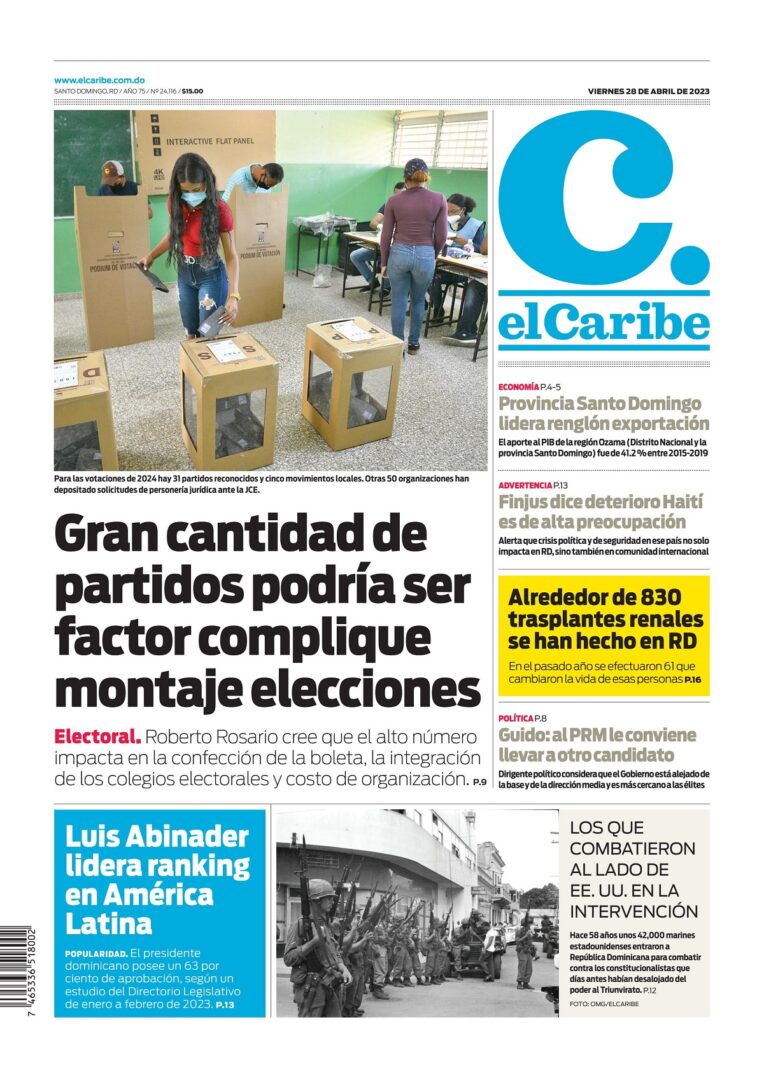 Portada Periódico El Caribe, Viernes 28 Abril, 2023