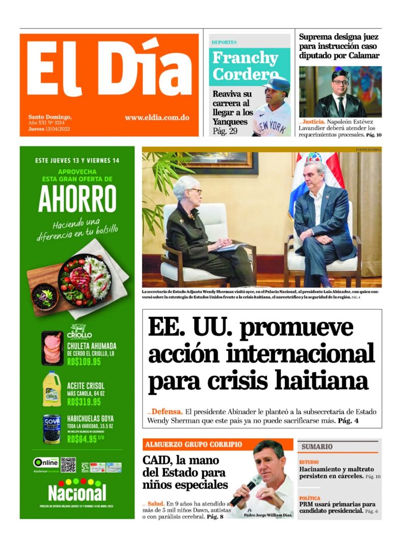 Portada Periódico El Día, Jueves 13 Abril, 2023
