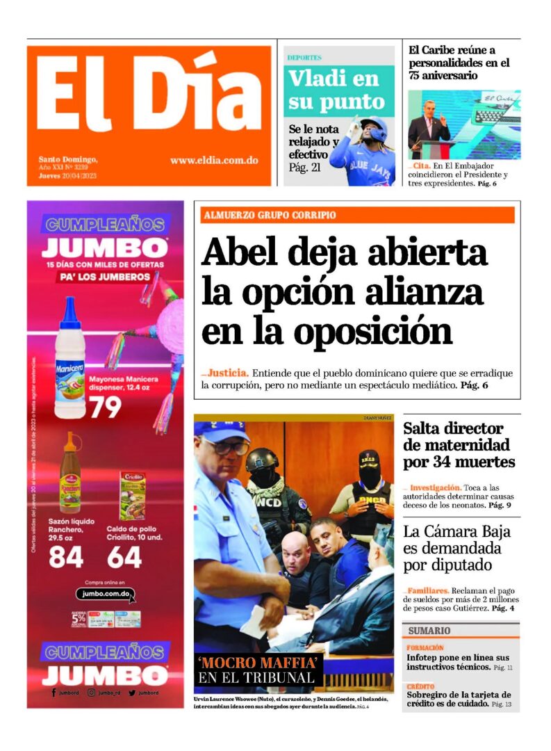 Portada Periódico El Día, Jueves 20 Abril, 2023