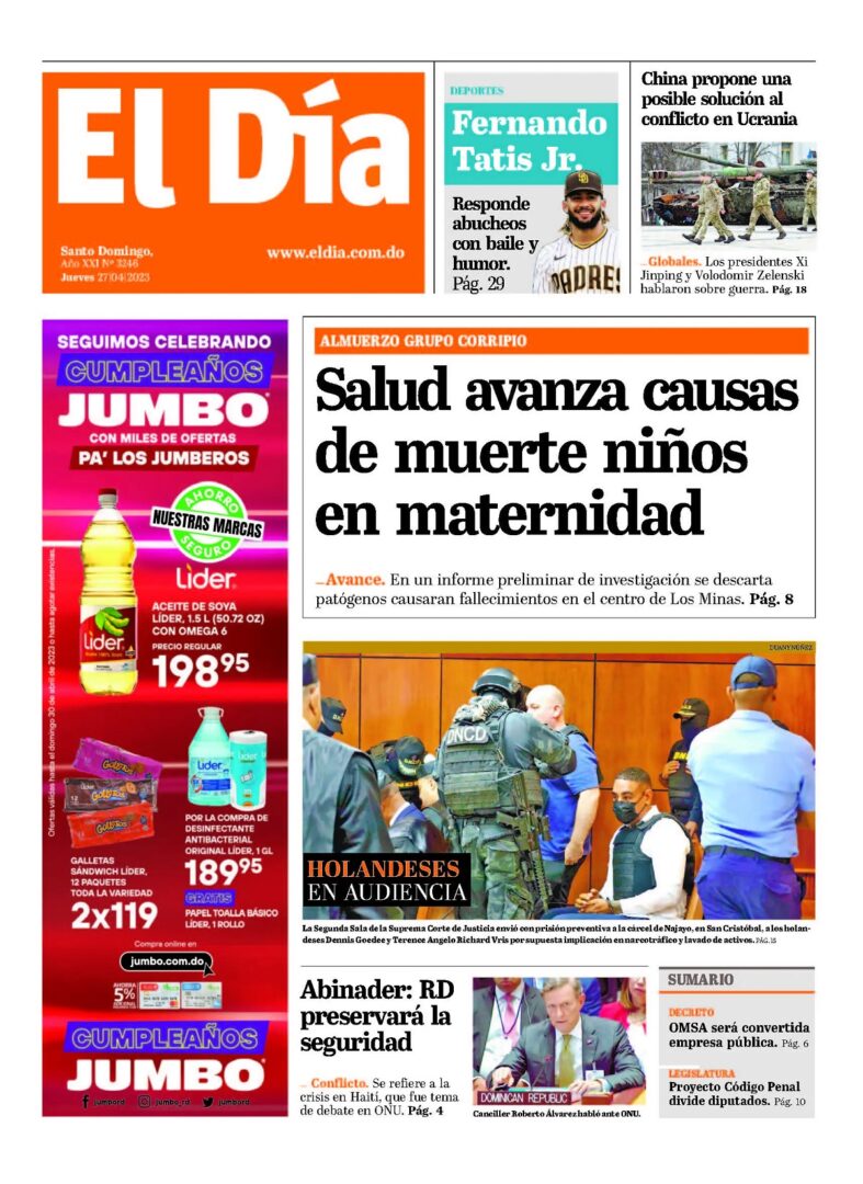 Portada Periódico El Día, Jueves 27 Abril, 2023