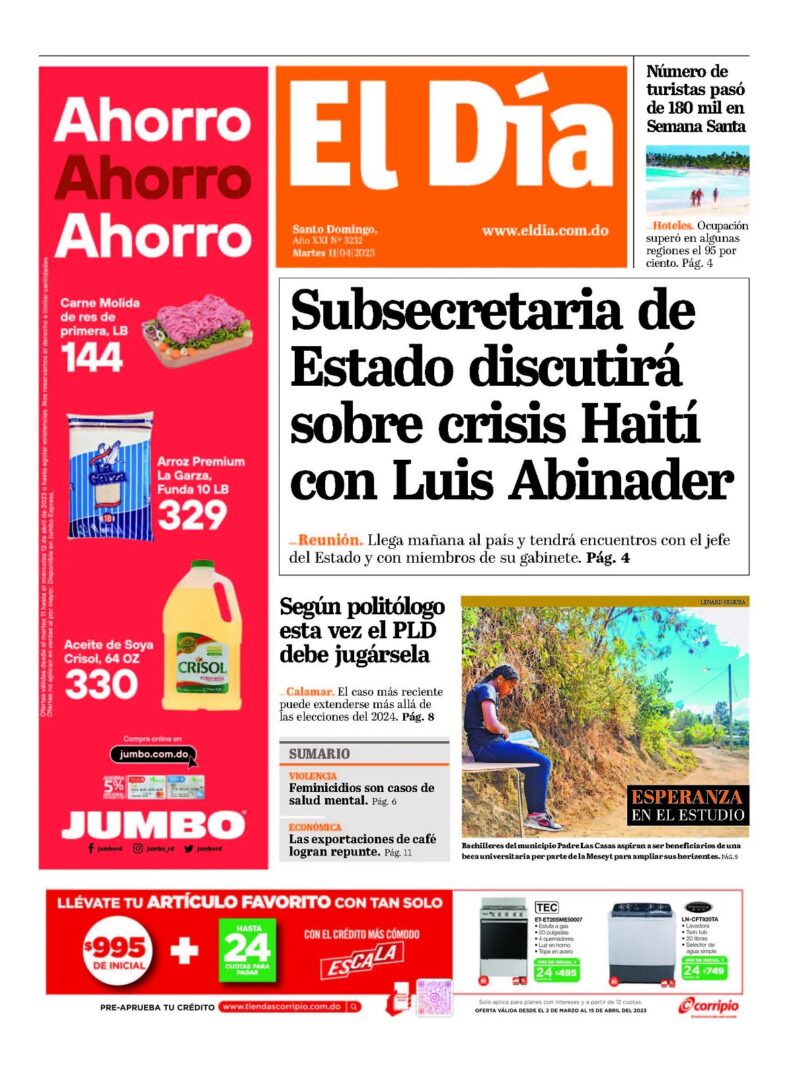 Portada Periódico El Día, Martes 11 Abril, 2023