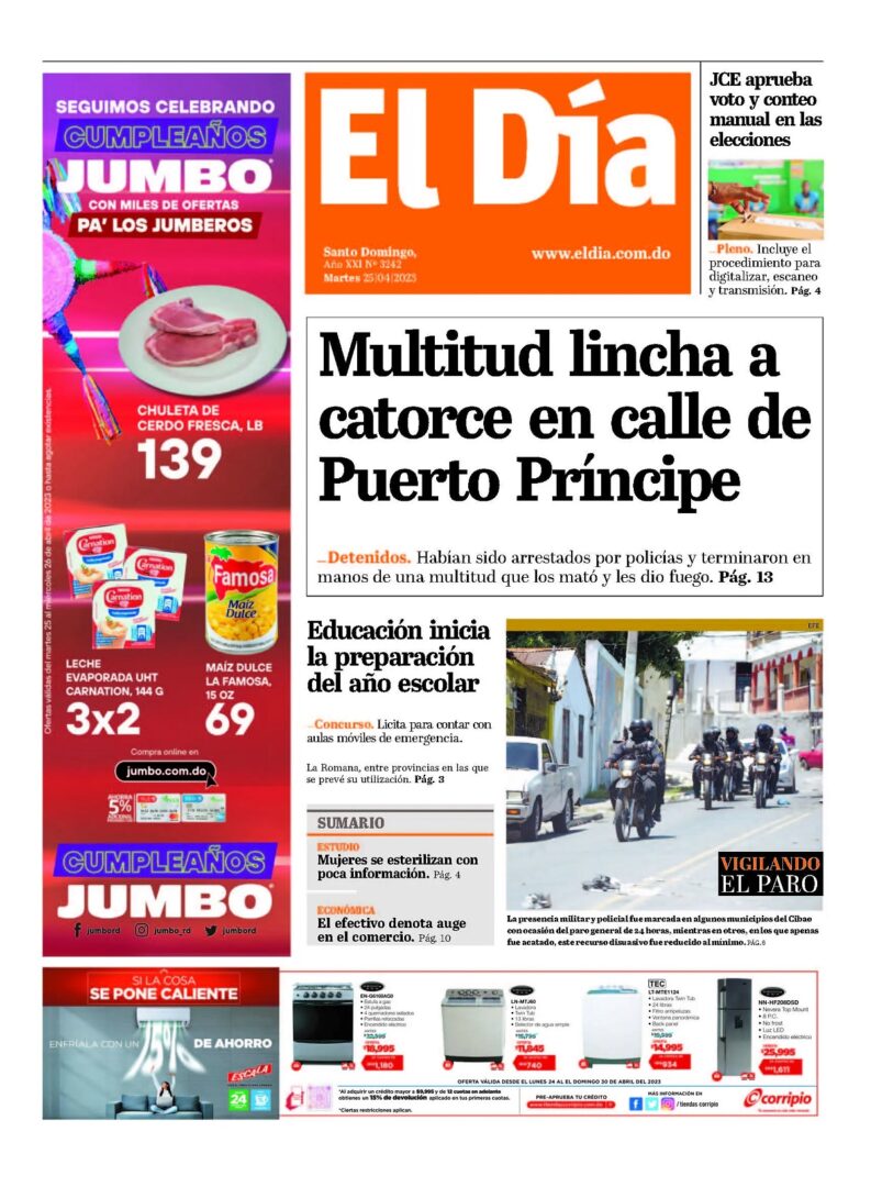 Portada Periódico El Día, Martes 25 Abril, 2023