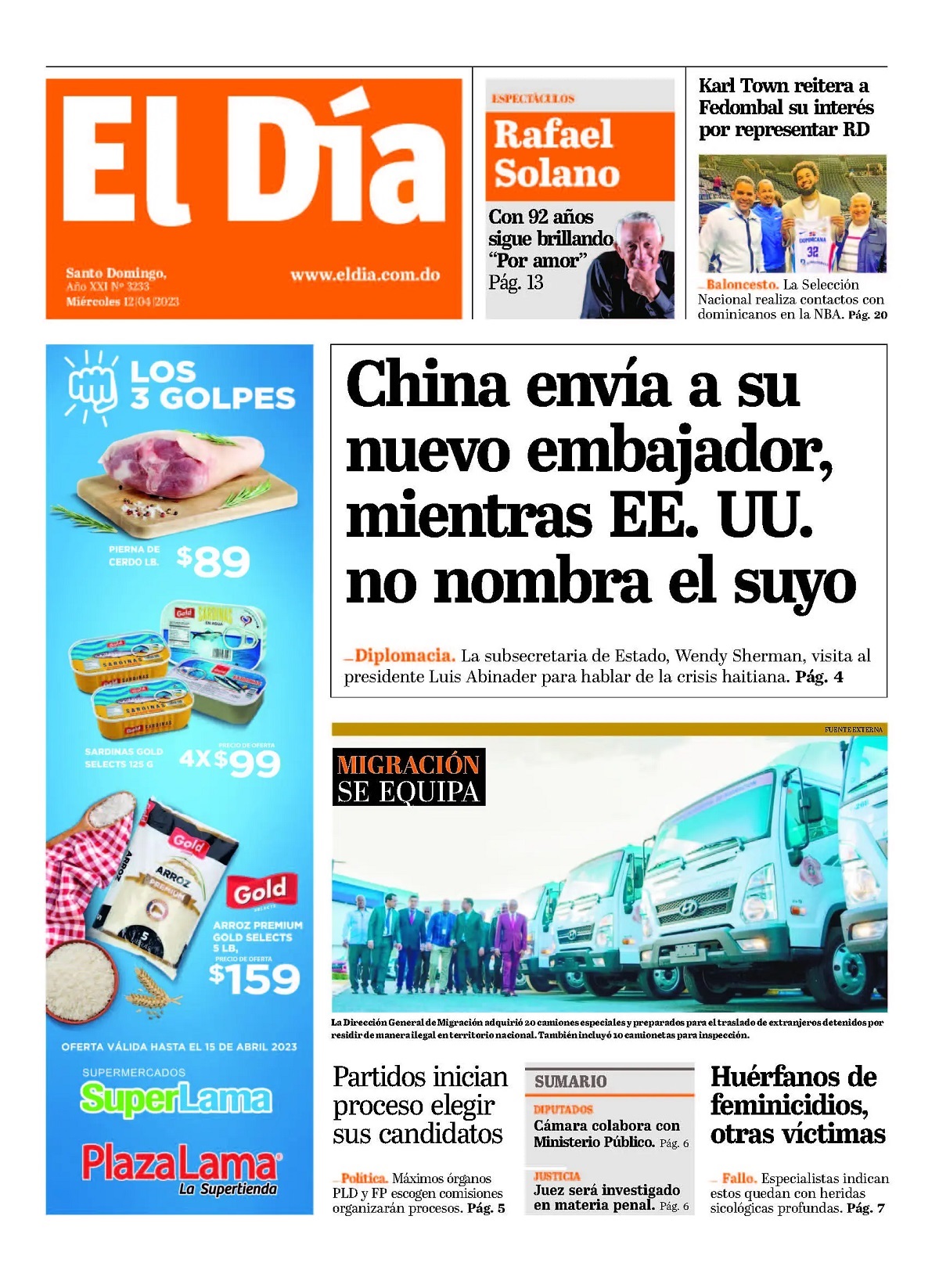 Portada Periódico El Día, Miércoles 12 Abril, 2023