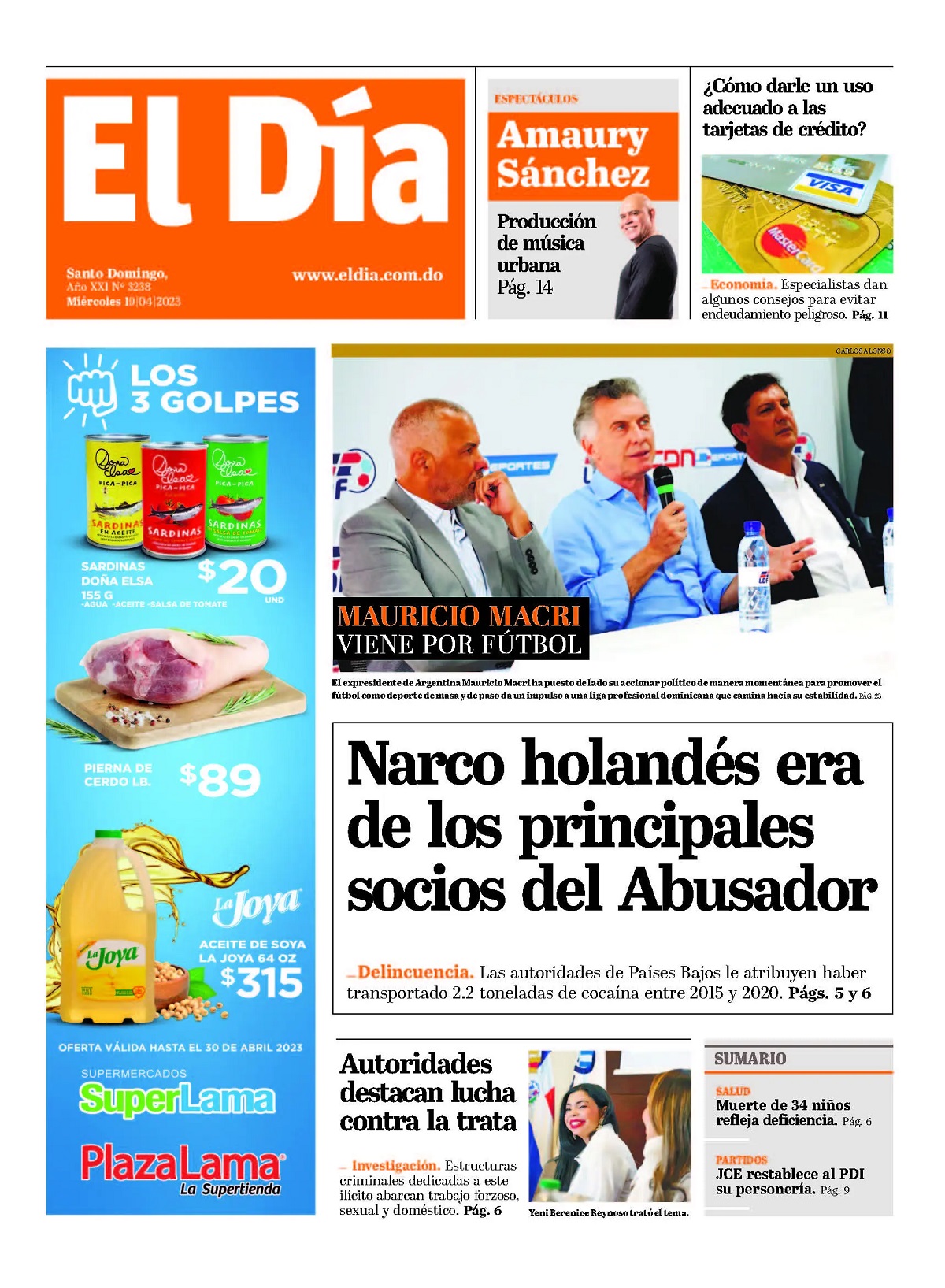 Portada Periódico El Día, Miércoles 19 Abril, 2023