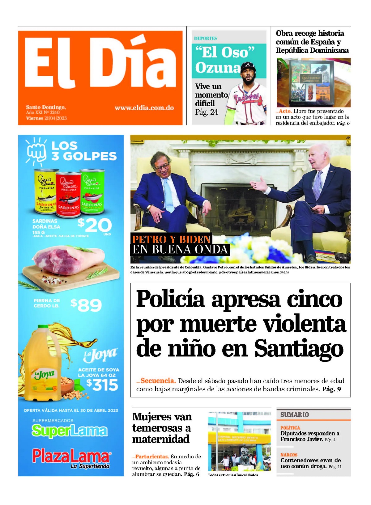 Portada Periódico El Día, Viernes 21 Abril, 2023