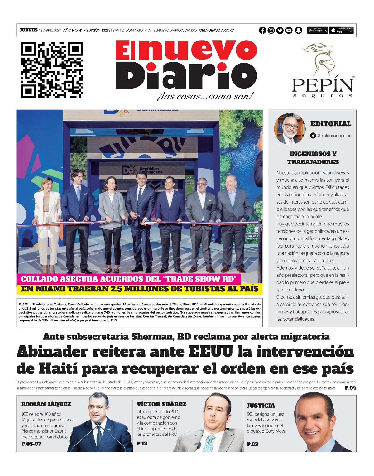 Portada Periódico El Nuevo Diario, Jueves 13 Abril, 2023