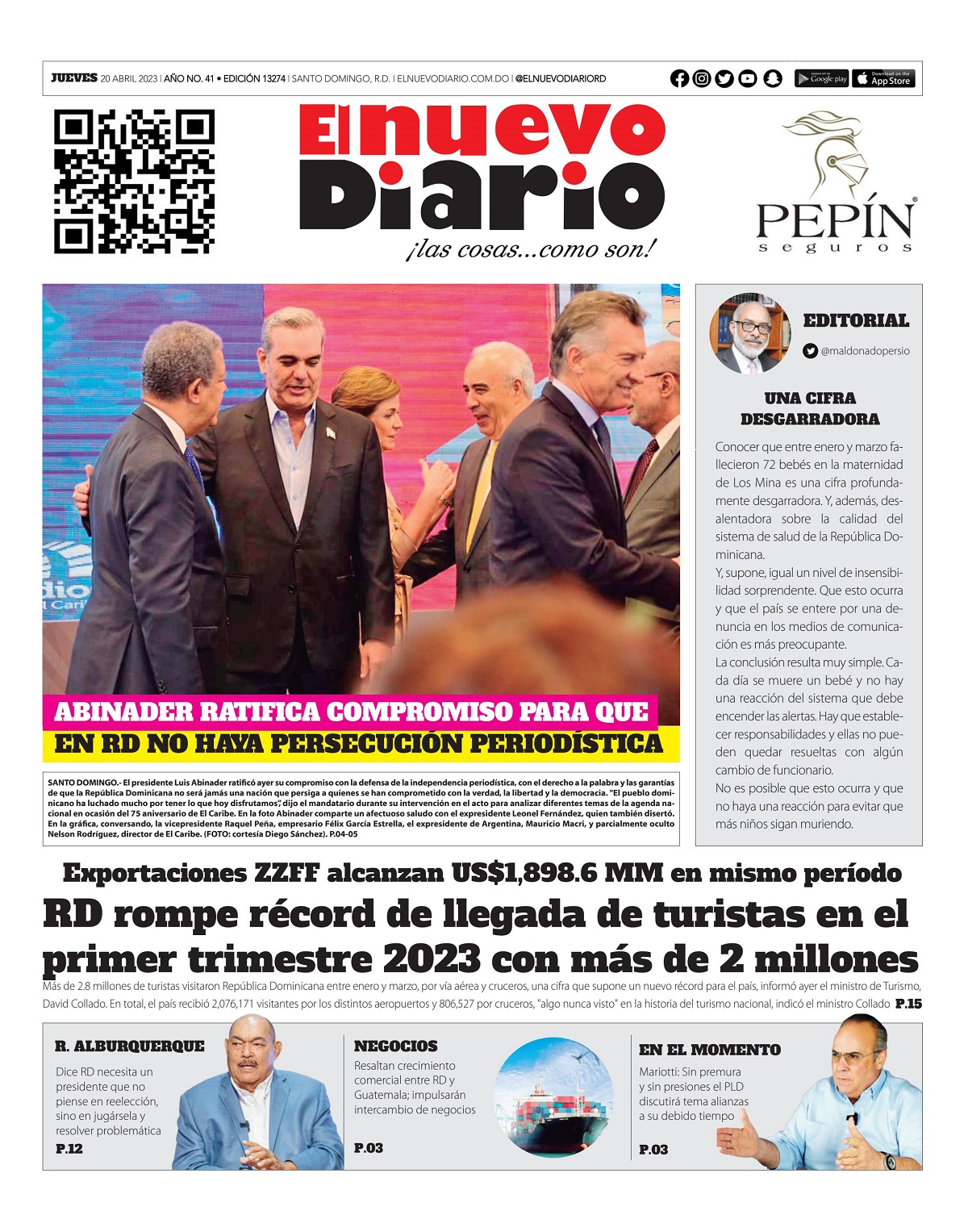 Portada Periódico El Nuevo Diario, Jueves 20 Abril, 2023