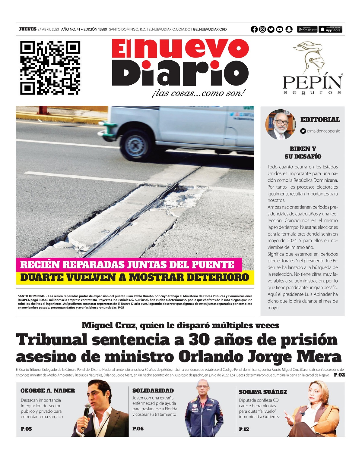 Portada Periódico El Nuevo Diario, Jueves 27 Abril, 2023