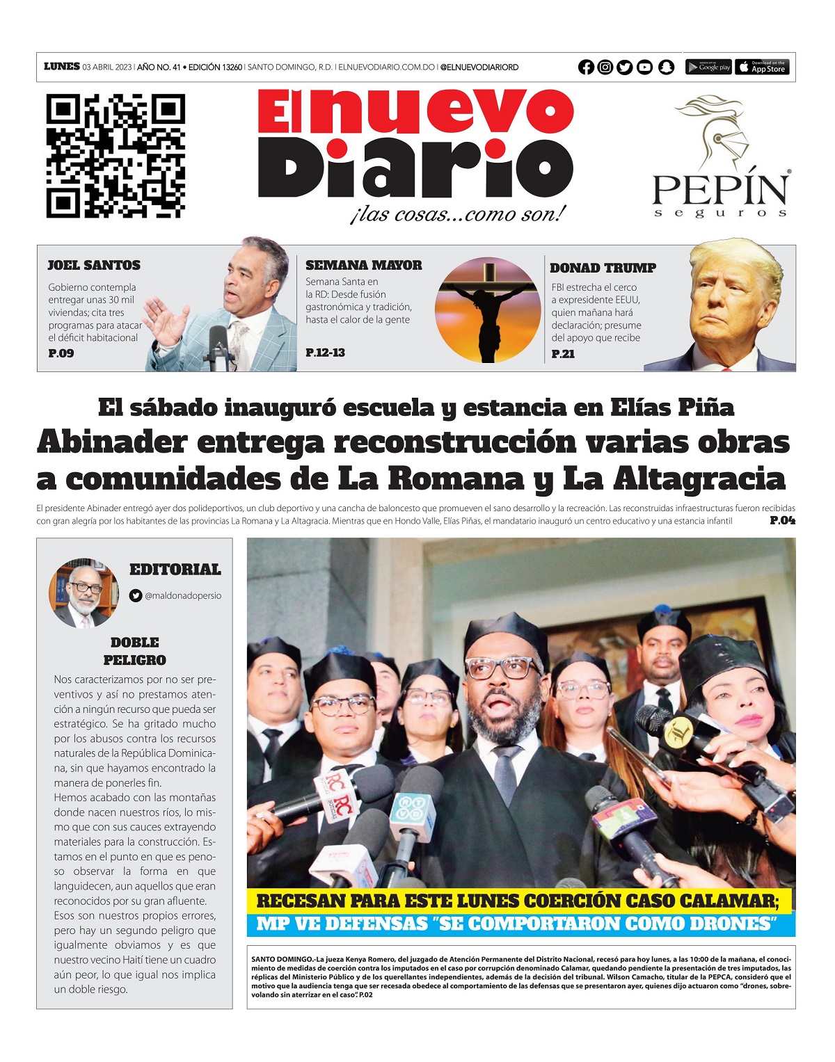 Portada Periódico El Nuevo Diario, Lunes 03 Abril, 2023
