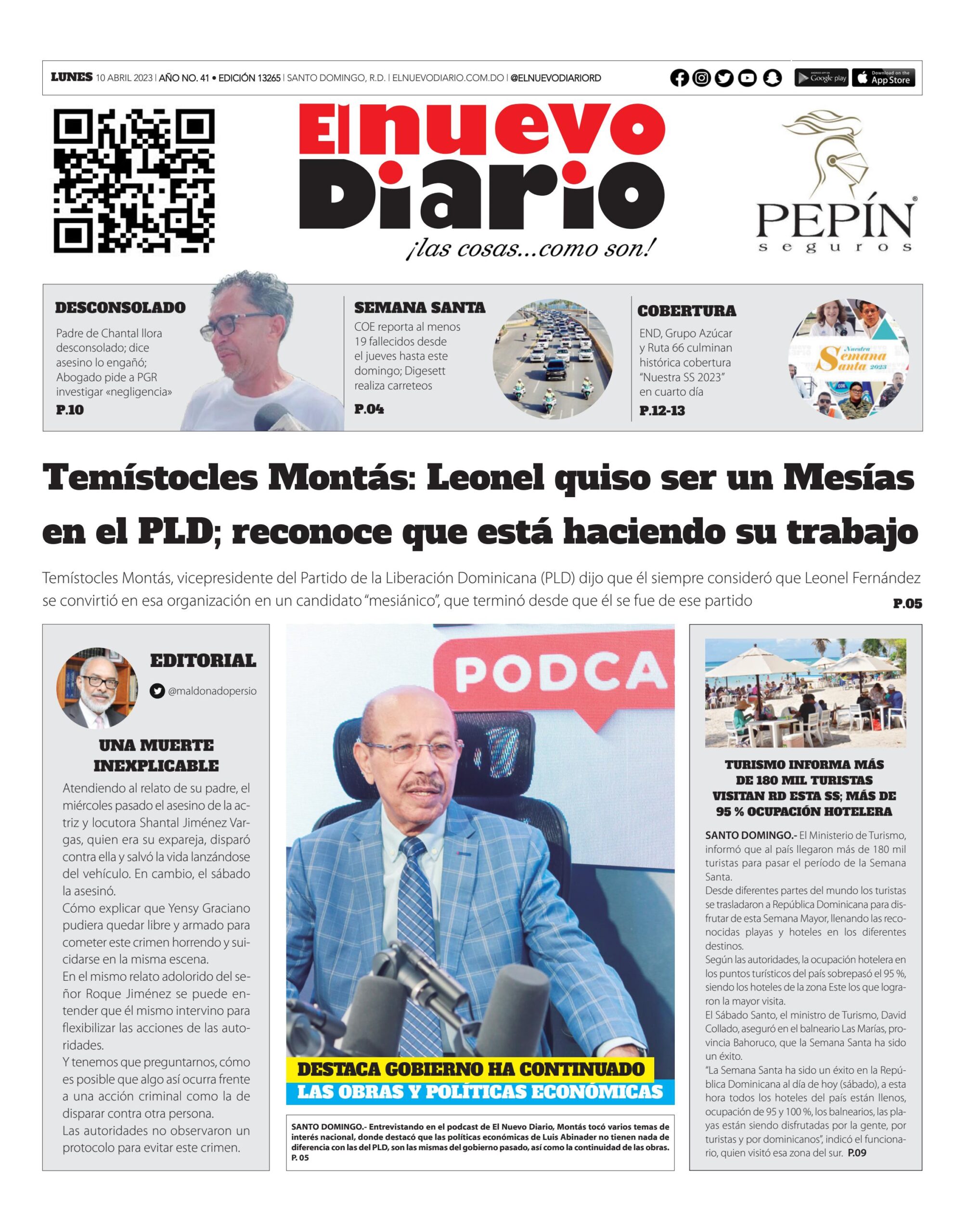 Portada Periódico El Nuevo Diario, Lunes 10 Abril, 2023