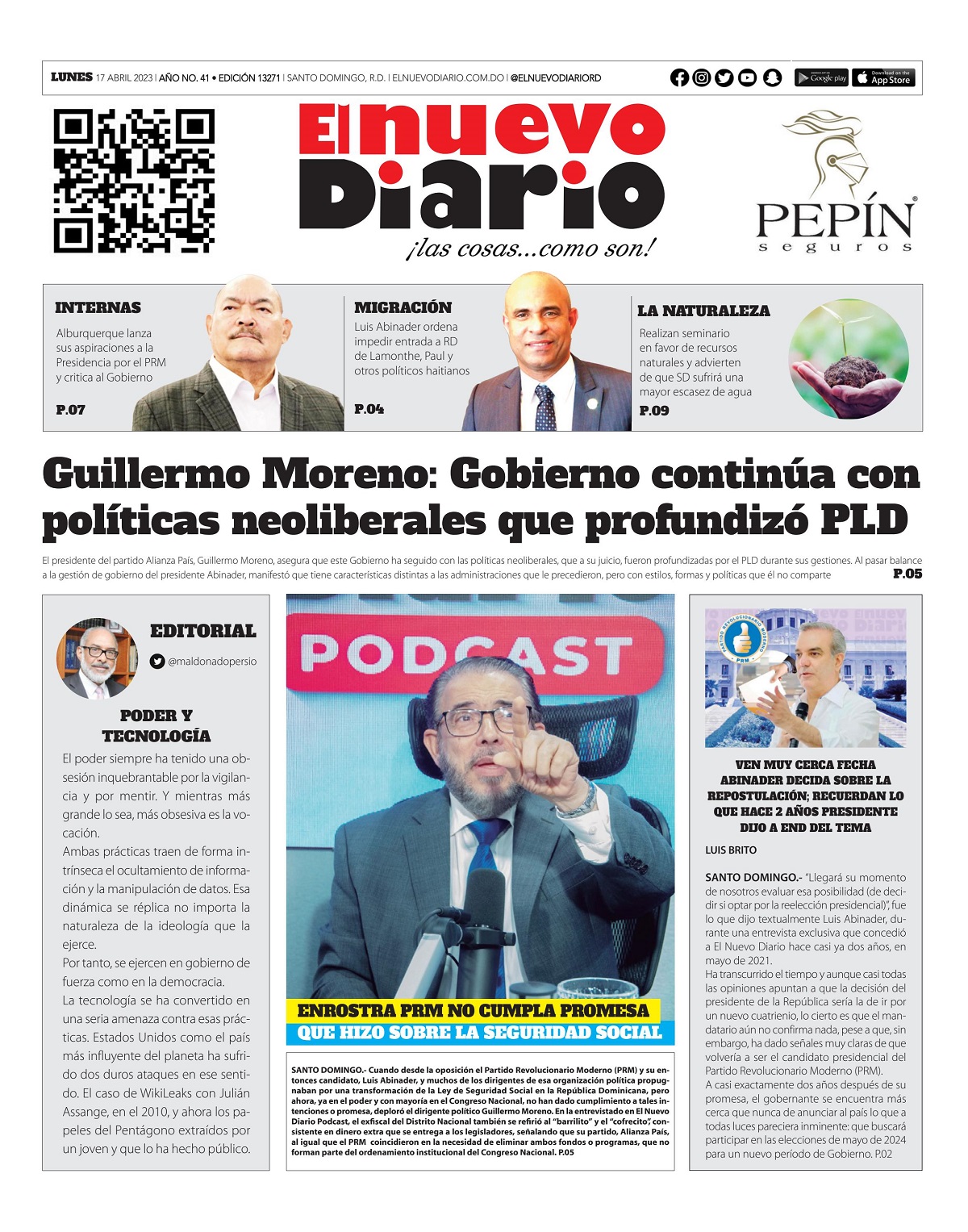 Portada Periódico El Nuevo Diario, Lunes 17 Abril, 2023