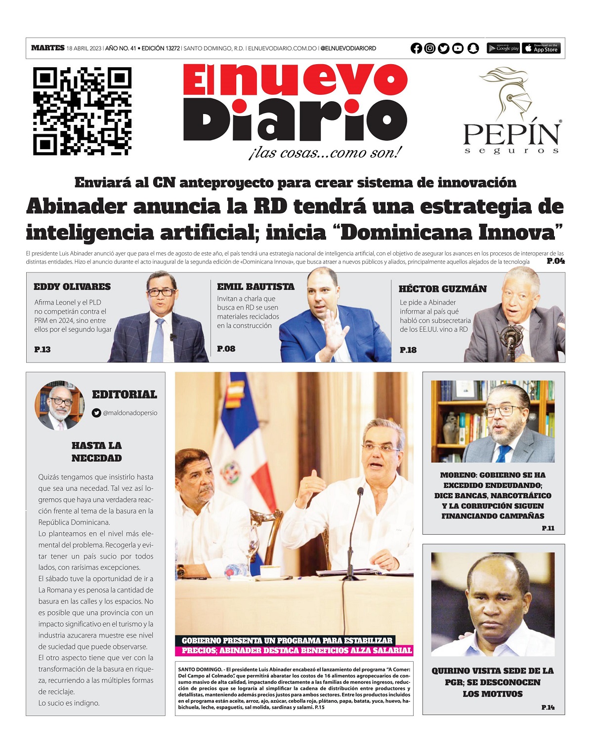 Portada Periódico El Nuevo Diario, Martes 18 Abril, 2023