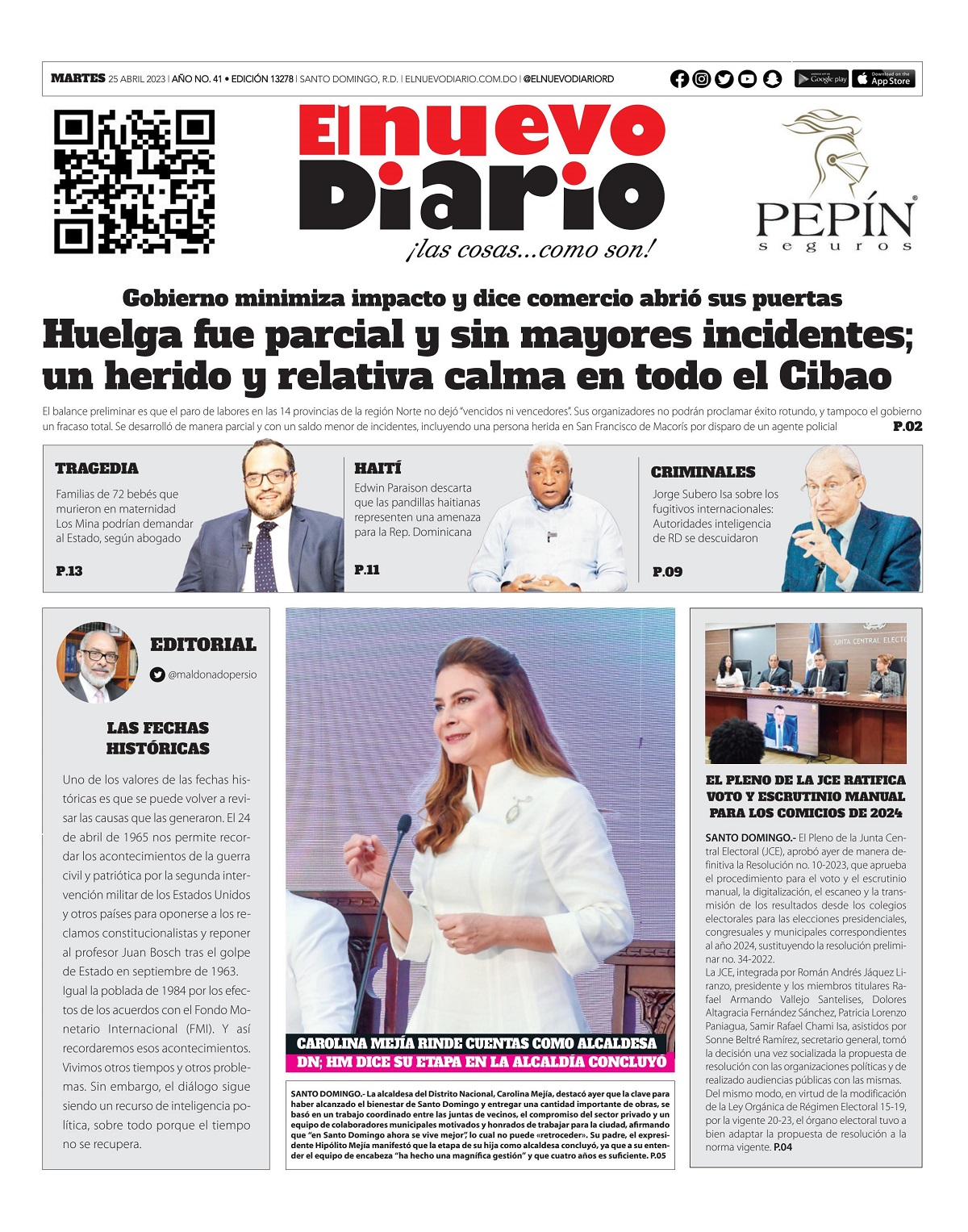 Portada Periódico El Nuevo Diario, Martes 25 Abril, 2023