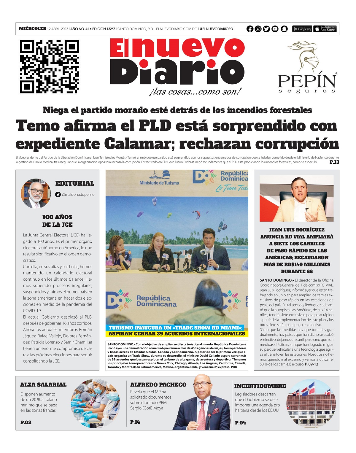 Portada Periódico El Nuevo Diario, Miércoles 12 Abril, 2023