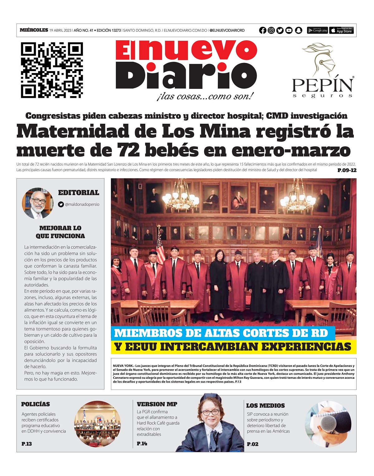 Portada Periódico El Nuevo Diario, Miércoles 19 Abril, 2023