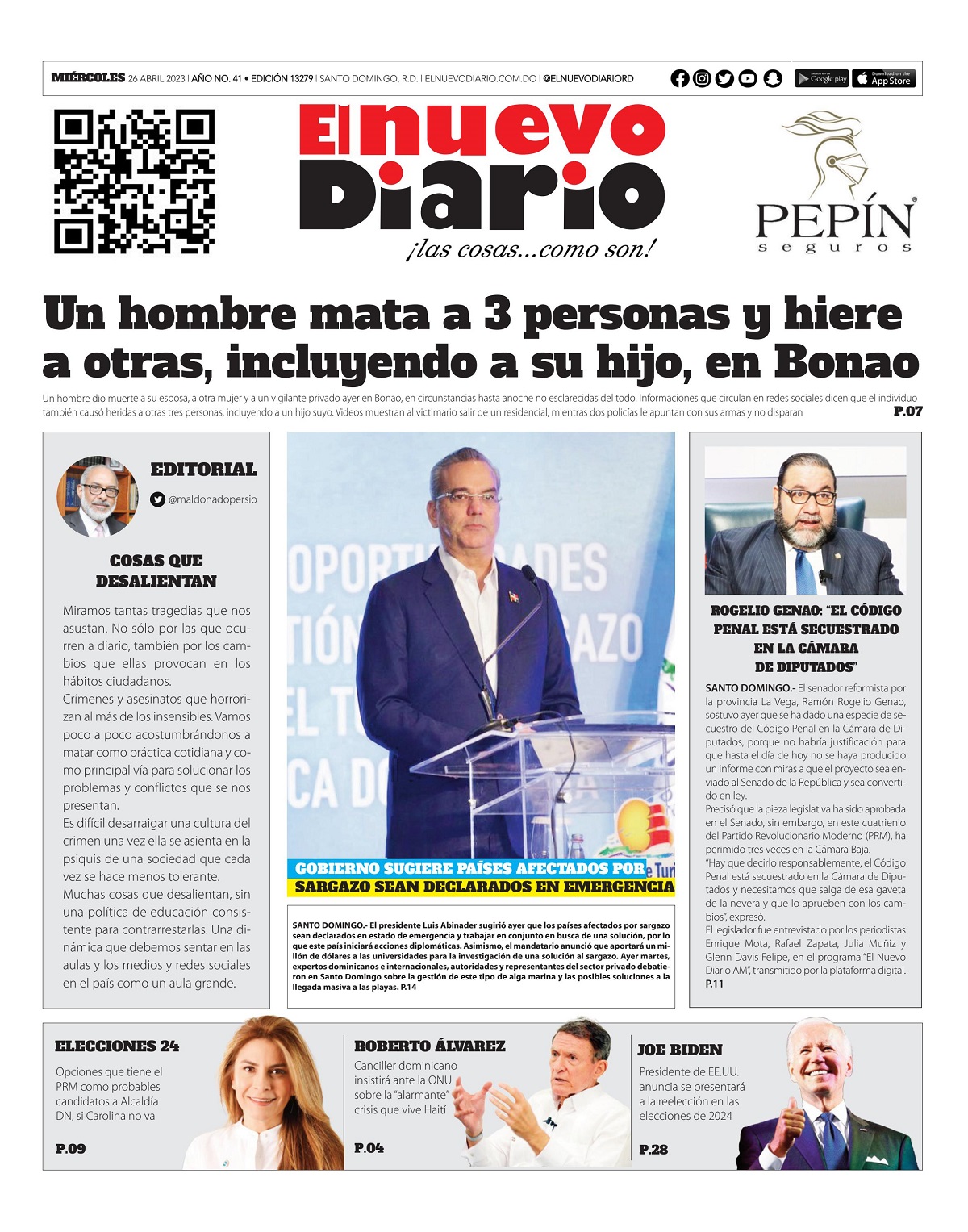 Portada Periódico El Nuevo Diario, Miércoles 26 Abril, 2023