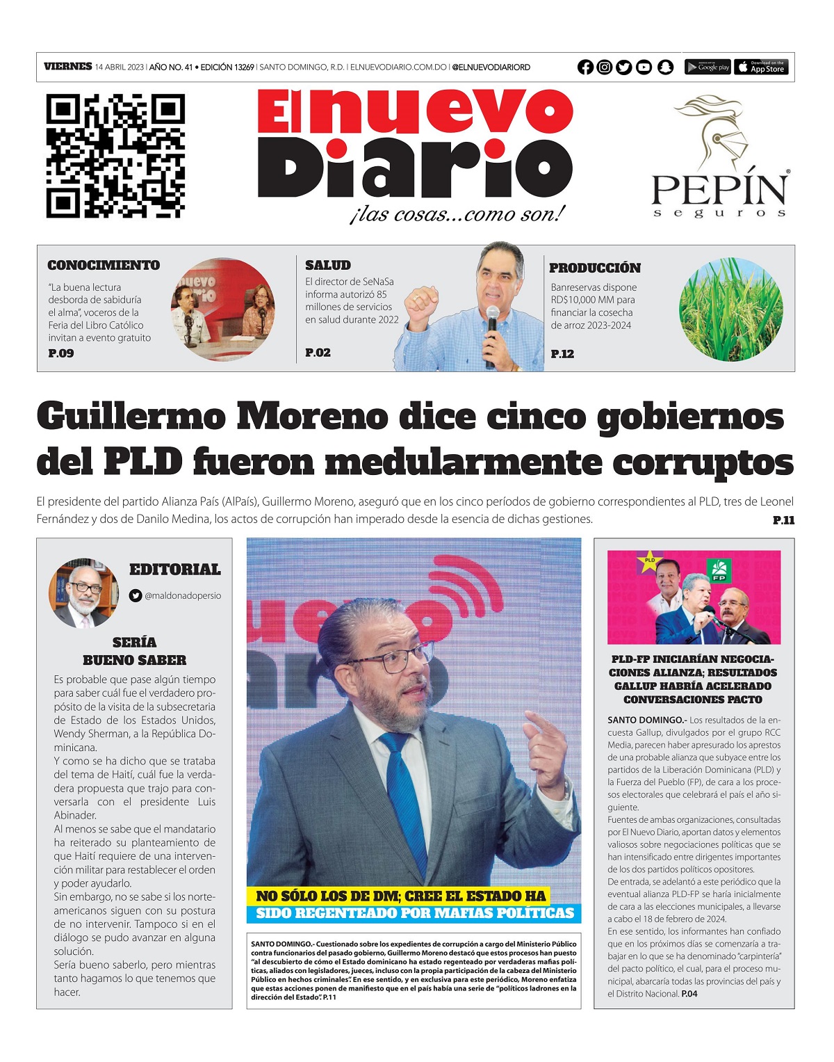 Portada Periódico El Nuevo Diario, Viernes 14 Abril, 2023