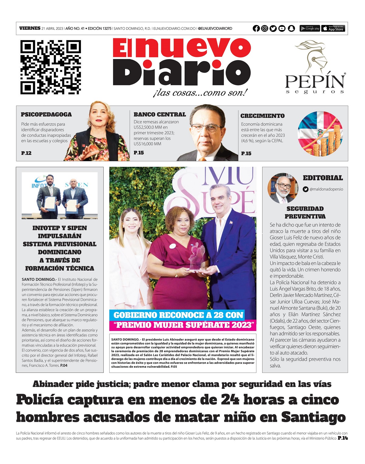Portada Periódico El Nuevo Diario, Viernes 21 Abril, 2023