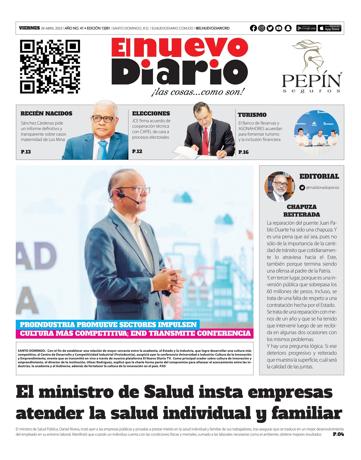 Portada Periódico El Nuevo Diario, Viernes 28 Abril, 2023
