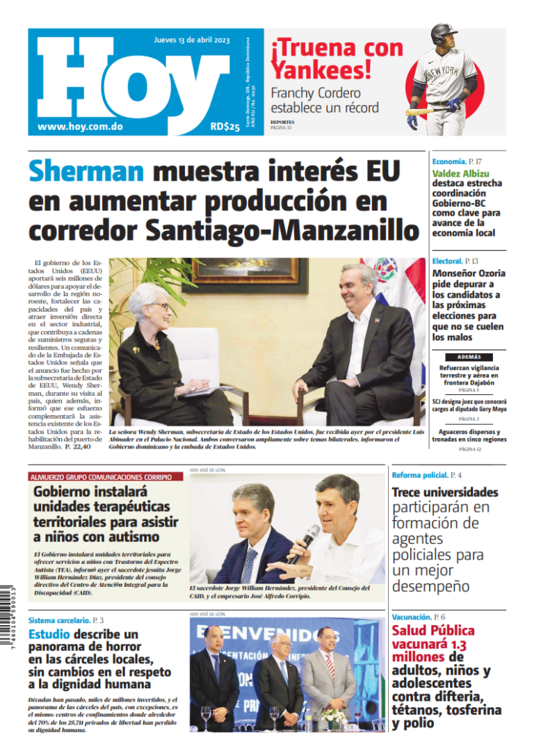 Portada Periódico Hoy, Jueves 13 Abril, 2023