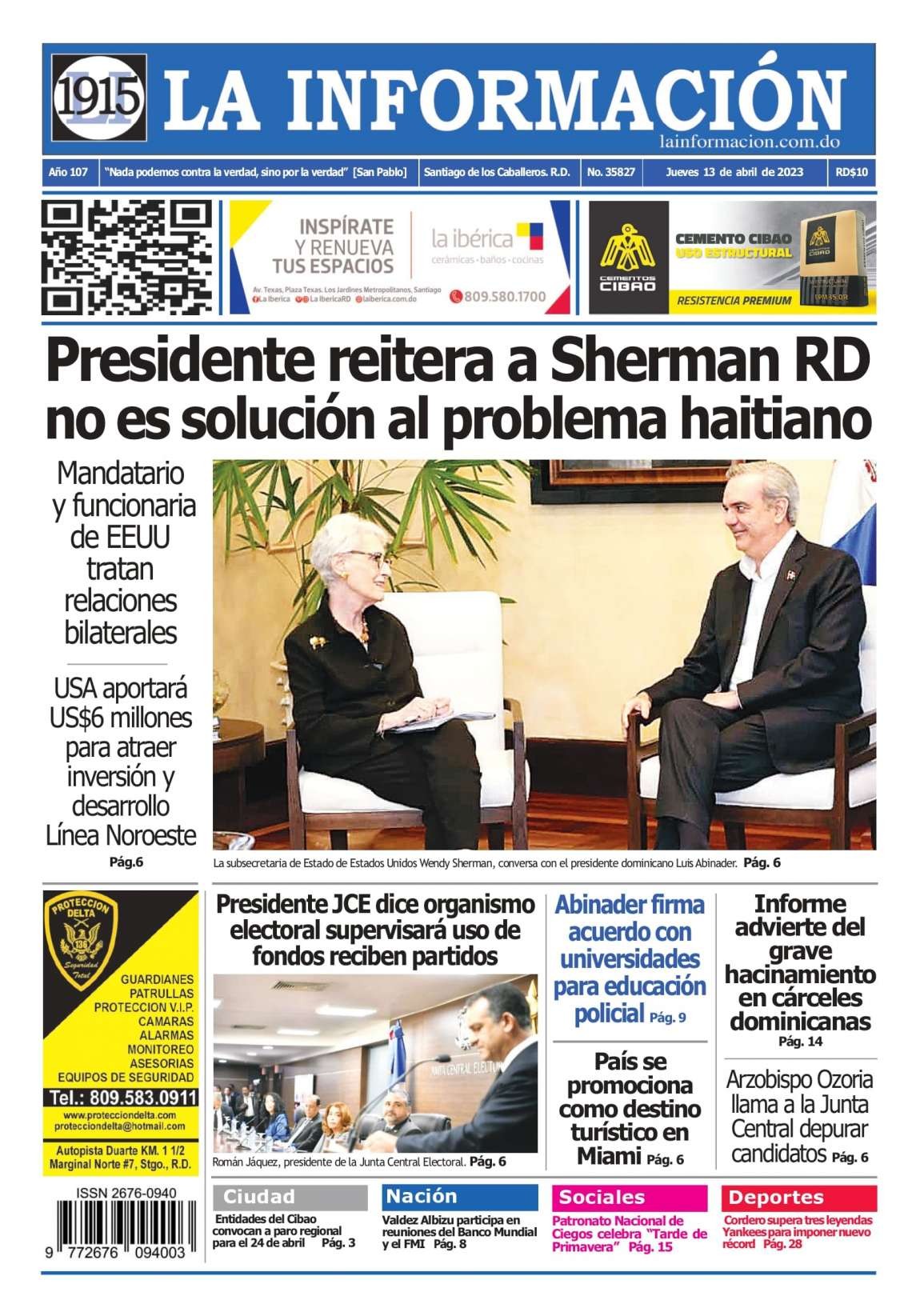 Portada Periódico La Información, Jueves 13 Abril, 2023
