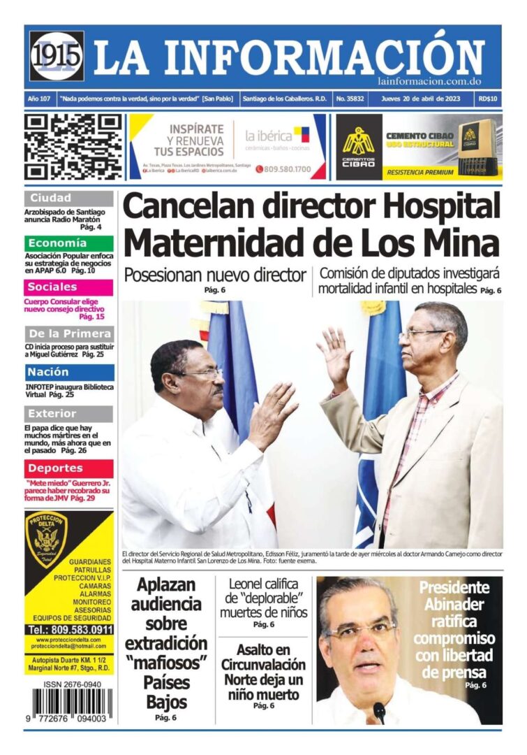 Portada Periódico La Información, Jueves 20 Abril, 2023